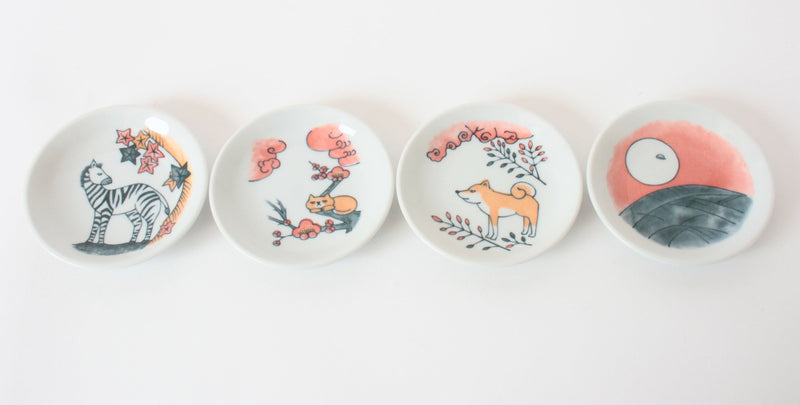 Mino ware Japan Ceramics Mini Round Plate / Dish Set of 4 (Cat, Dog, Zebra, Sunrise) Made in Japan