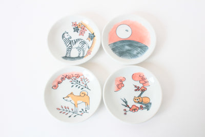 Mino ware Japan Ceramics Mini Round Plate / Dish Set of 4 (Cat, Dog, Zebra, Sunrise) Made in Japan