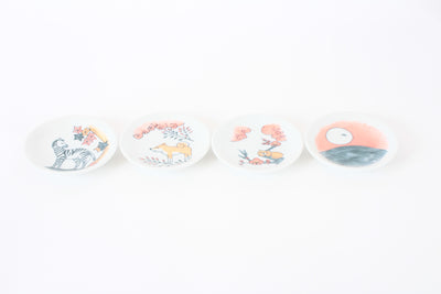 Mino ware Japan Ceramics Mini Round Plate / Dish Set of 4 (Cat, Dog, Zebra, Sunrise) Made in Japan