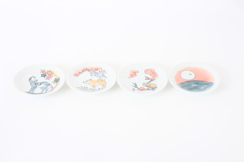 Mino ware Japan Ceramics Mini Round Plate / Dish Set of 4 (Cat, Dog, Zebra, Sunrise) Made in Japan