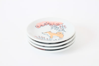 Mino ware Japan Ceramics Mini Round Plate / Dish Set of 4 (Cat, Dog, Zebra, Sunrise) Made in Japan