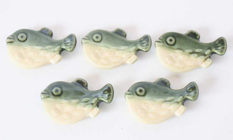 Mino ware Japan Ceramics Puffer Fish Chopstick Rest Set of 5 Green