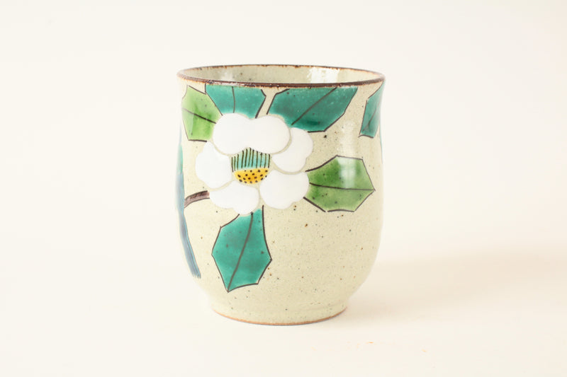 Kutani ware Japanese Ceramic Yunomi Chawan Tea Cup White Camellia and Bird