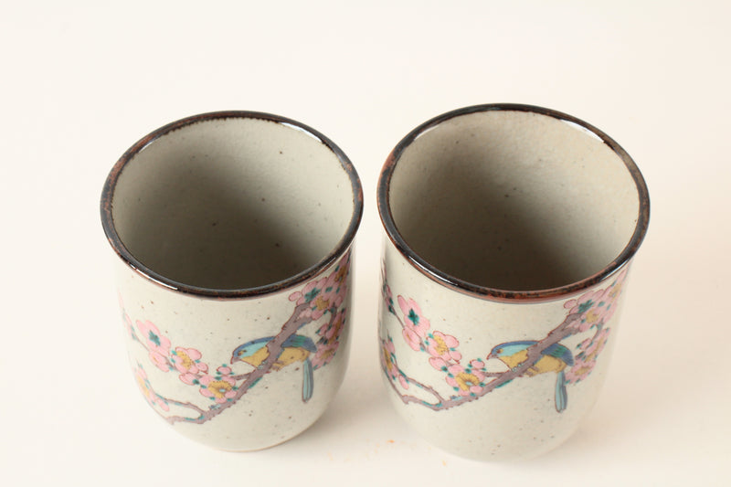 Kutani ware Japanese Ceramic Pair Yunomi Chawan Tea Cup Plum Flowers and Bird