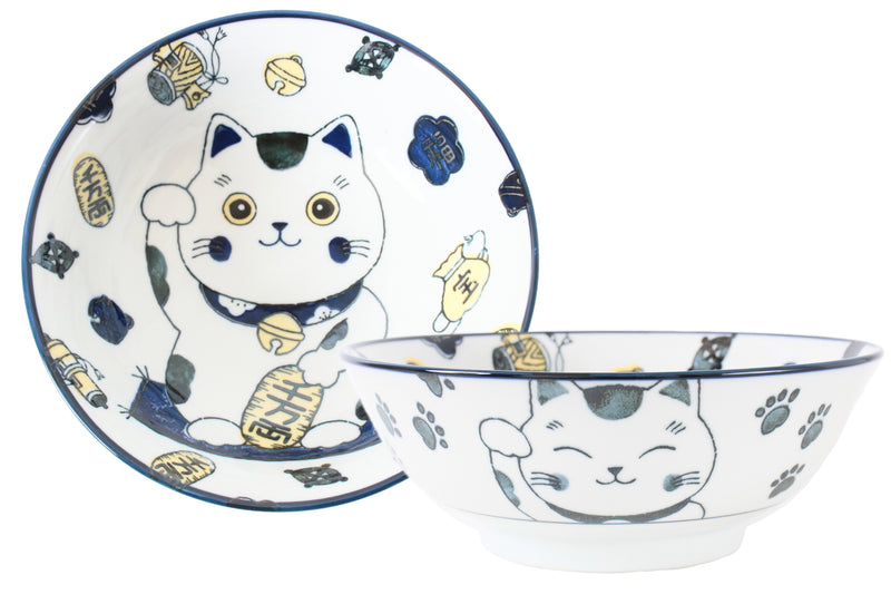 Mino ware Japanese Ceramics Ramen Noodle Donburi Bowl Lucky Cat Navyblue made in Japan