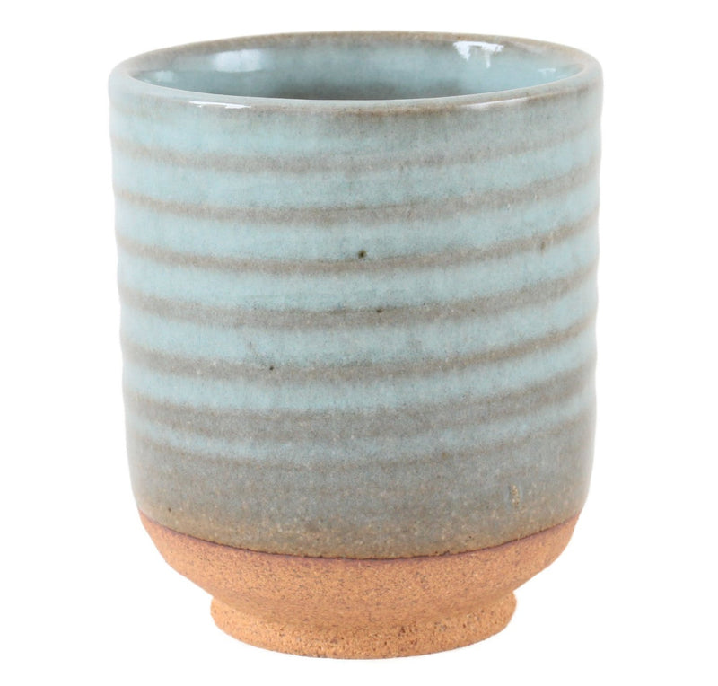 Mino ware Japanese Yunomi Chawan Tea Cup, Pale Blue and Light Gray Stripes Made in Japan