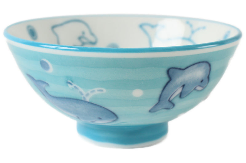 Mino ware Japanese Pottery Kids Rice Bowl Dolphins & Whales made in Japan New