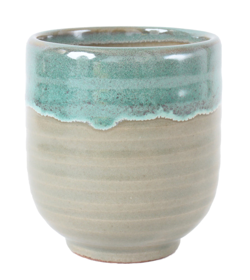 Mino ware Japanese Sushi Yunomi Chawan Tea Cup Emerald Green Glaze on Beige