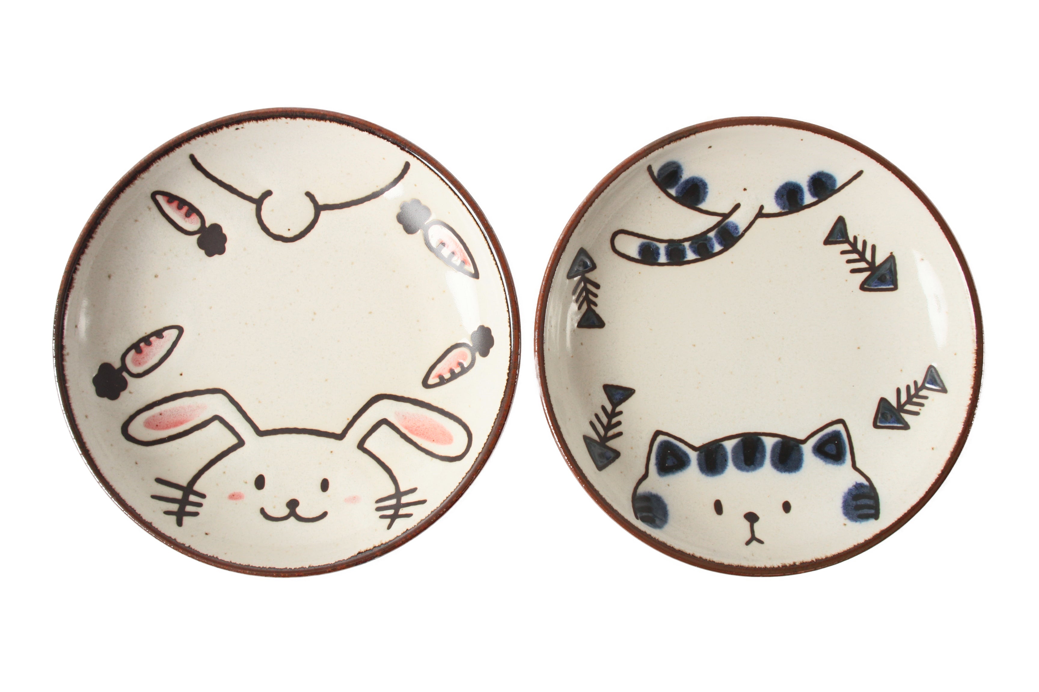 Mino ware Japan Ceramics Round Plate Set of Two Cat & Rabbit made in J ...