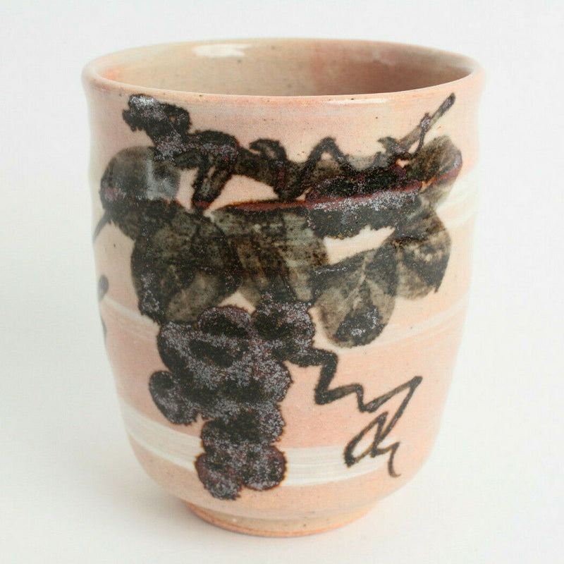 Mino ware Japanese Pottery Yunomi Chawan Tea Cup Grape on Pale Pink White Stripe