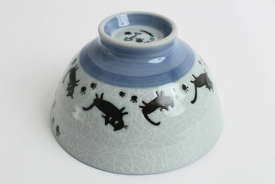 Mino ware Japanese Ceramics Rice Bowl Black Cats & Footprints Blue Crackled