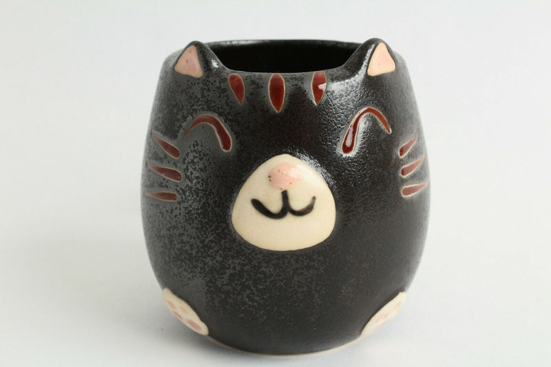 Mino ware Japanese Pottery Mug Cup Cat Shape Matte Black made in Japan