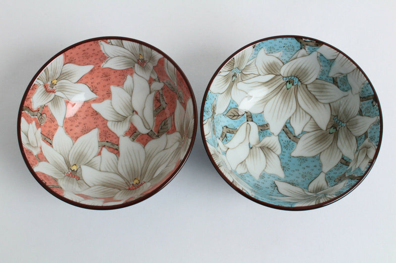 Mino ware Japanese Pair Rice Bowl Set of Two Magnolia Blue & Red made in Japan