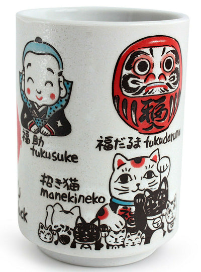Mino ware Japanese Sushi Yunomi Chawan Tea Cup Lots of Luck Daruma Manekineko