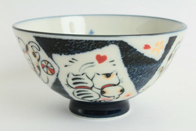 Mino ware Japanese Pottery Rice Bowl Manekineko Koban Cat Blue made in Japan New