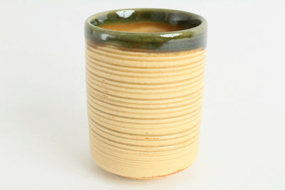 Mino ware Japanese Pottery Yunomi Chawan Tea Cup Ocher Stripe w/Green Glaze