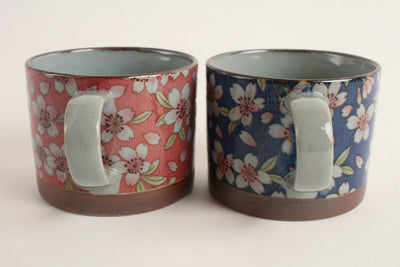 Mino ware Japan Pottery Pair Mug/Coffee Cup Sakura Cherry Blossom Pink & Blue