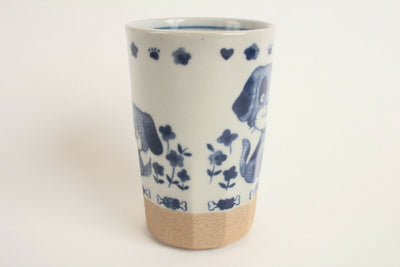 Mino ware Japanese Yunomi Chawan Long Tea Cup Dog Family White & Blue Japan