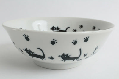 Mino ware Japanese Ceramics Ramen Noodle Donburi Bowl Black Cats & Footprints made in Japan