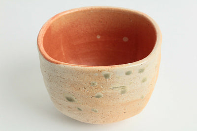 Mino ware Japanese Pottery Mini Matcha Bowl Pale Orange w/ Green dots Square