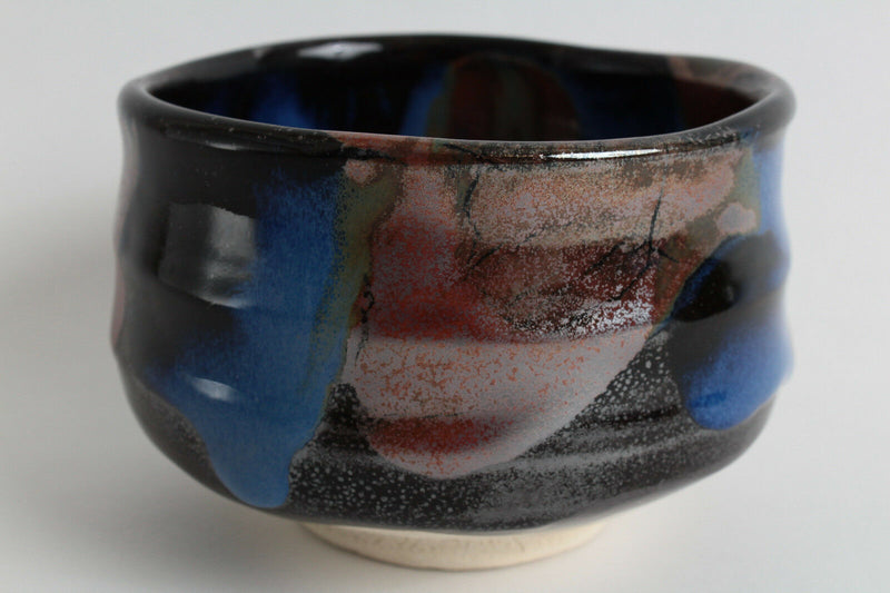 Mino ware Japanese Pottery Tea Ceremony Matcha Bowl Red & Navy Glaze on Black