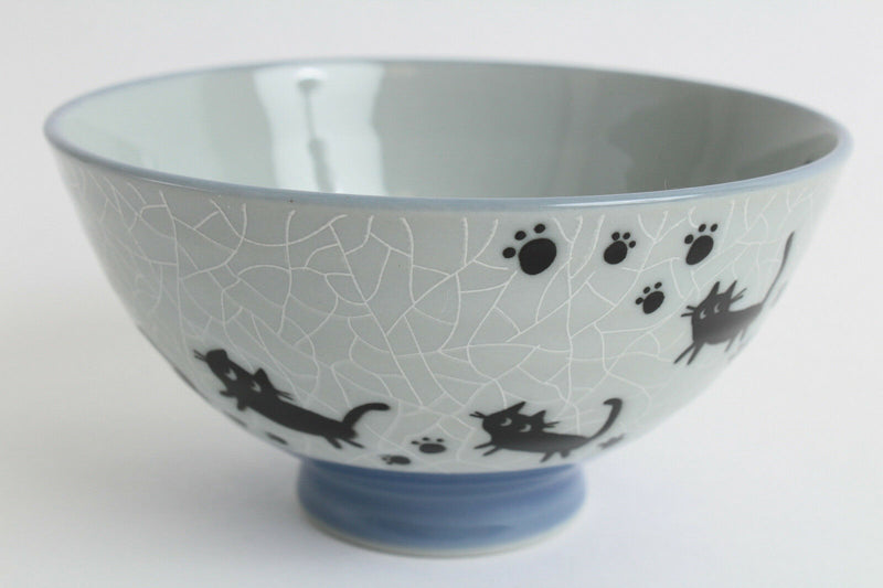 Mino ware Japanese Ceramics Rice Bowl Black Cats & Footprints Blue Crackled