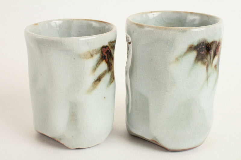 Japanese Pottery Pair Yunomi Chawan Tea Cup Pale Green Bamboo Forest Japan made