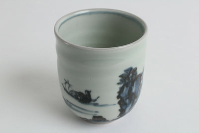 Mino ware Japanese Pottery Yunomi Chawan Tea Cup Pale Blue A Man on the Boat