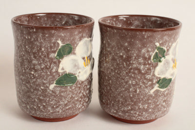 Mino ware Japan Pottery Pair Yunomi Chawan Tea Cup White Camellia Snowy Russet
