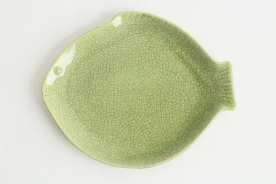 Seto ware Japanese Pottery Dish Plate Mola Mola Fish shape Olive Green Japan