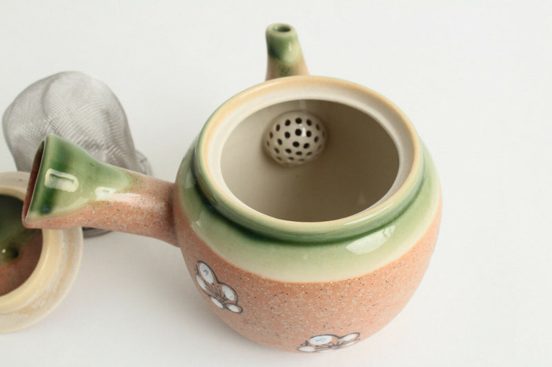 Mino ware Japanese Pottery Teapot Kyusu Green Glaze on Apricot Orange w/Flower