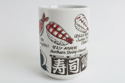 Mino ware Japanese Sushi Yunomi Chawan Tea Cup Shrimp & Several Sushi Neta