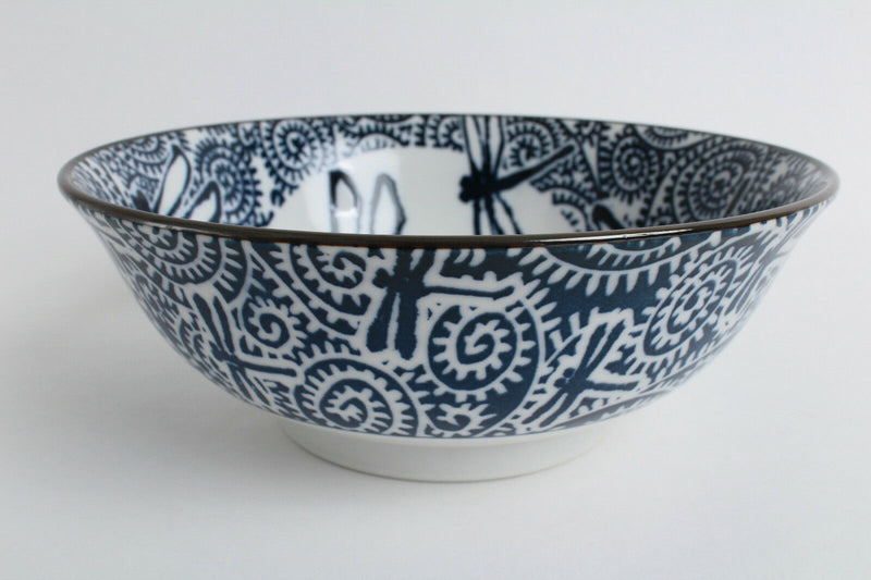 Mino ware Japan Ceramics Ramen Noodle Donburi Dragonfly Spiral Bracken Blue