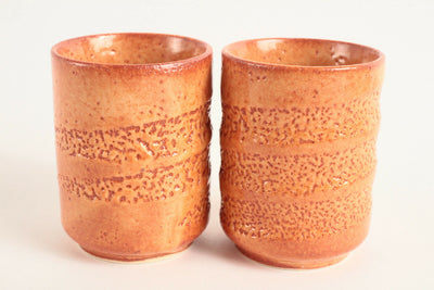 Mino ware Japan Pottery Pair Short Yunomi Chawan Tea Cup Akashino Orange