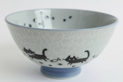 Mino ware Japanese Ceramics Rice Bowl Black Cats & Footprints Blue Crackled