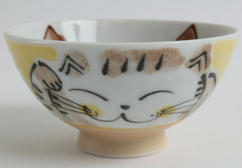 Mino ware Japanese Ceramics Rice Bowl Fukuneko Cat Yellow