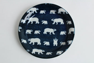 Mino ware Japanese Ceramics Round Plate/Dish White Bear Navy 6.5 inch