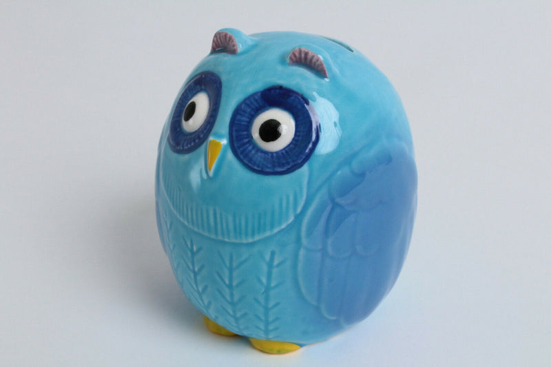 Seto ware Japanese Ceramic Piggy Bank (Coin/Change Bank) Owl Shape Blue