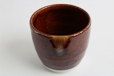 Mino ware Japanese Pottery Yunomi Chawan Large Tea/Rock Cup Brown w/Ocher drop