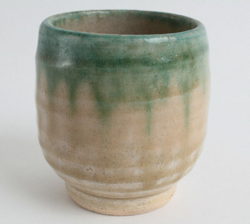 Mino ware Japanese Pottery Yunomi Chawan Tea Cup Emerald Green Glaze on Ocher