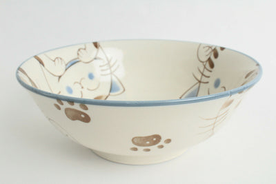 Mino ware Japan Ceramics Ramen Noodle Donburi Bowl Smiling Cats Blue