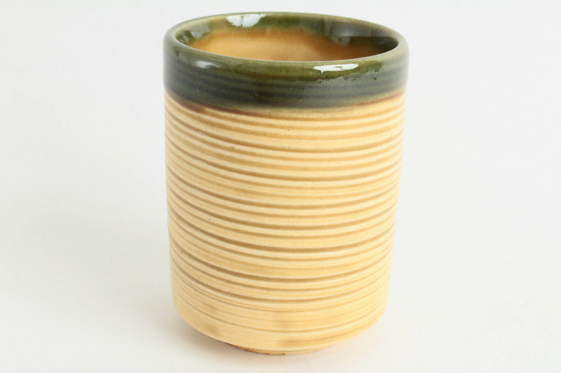 Mino ware Japanese Pottery Yunomi Chawan Tea Cup Ocher Stripe w/Green Glaze