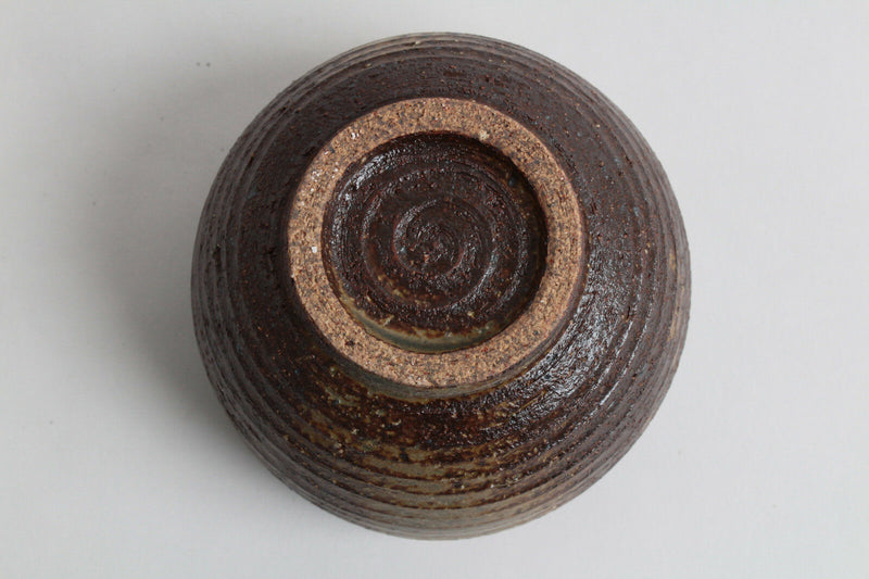 Mino ware Japan Pottery Large Bowl Burnt Brown & Ocher Stripe (Matcha/Rice)