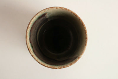 Mino ware Japanese Pottery Yunomi Chawan Tea Cup Brown & Army Green Twisted