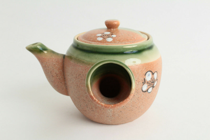 Mino ware Japanese Pottery Teapot Kyusu Green Glaze on Apricot Orange w/Flower
