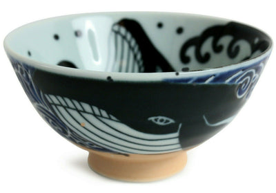 Mino ware Japanese Ceramics Rice Bowl Blue Whale & Waves made in Japan