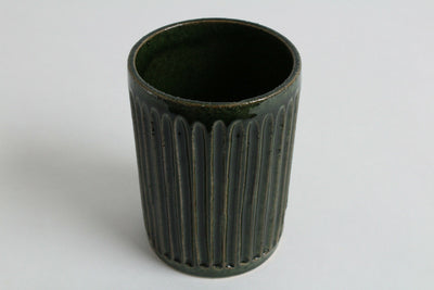 Mino ware Japanese Pottery Straight Tea Cup Deep Green Vertical Stripe