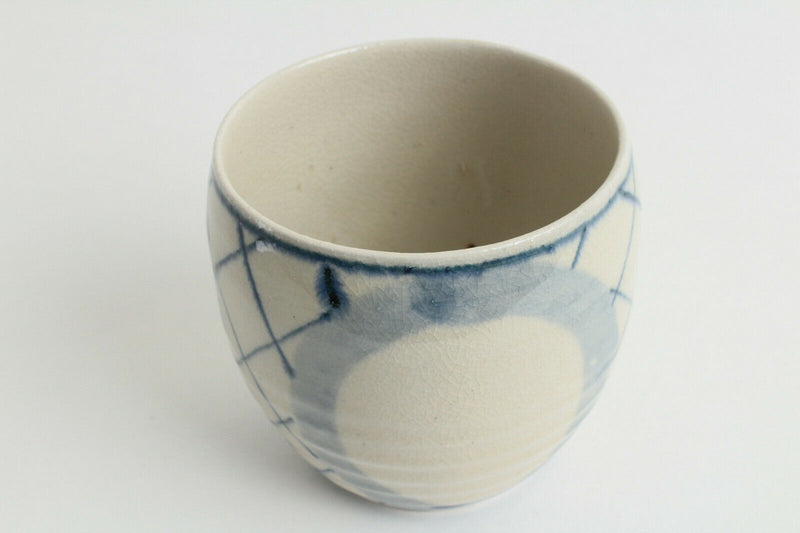 Mino ware Japanese Pottery Yunomi Chawan Chubby Tea/Rock Cup Blue Circle & Check