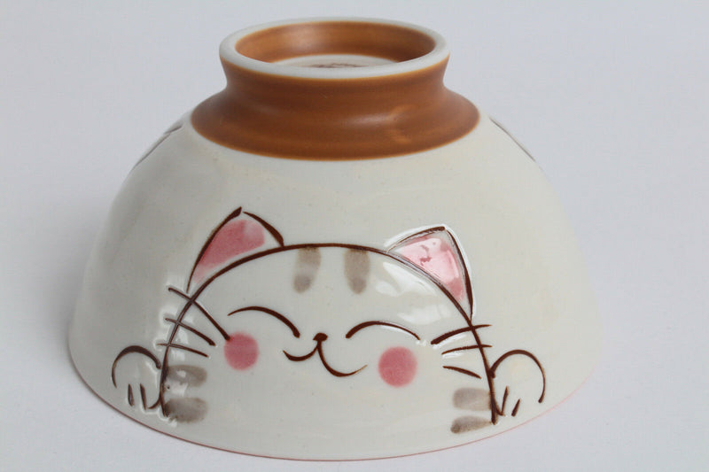 Mino ware Japanese Rice Bowl Smiling Cats Gloss finish Pink made in Mino Japan