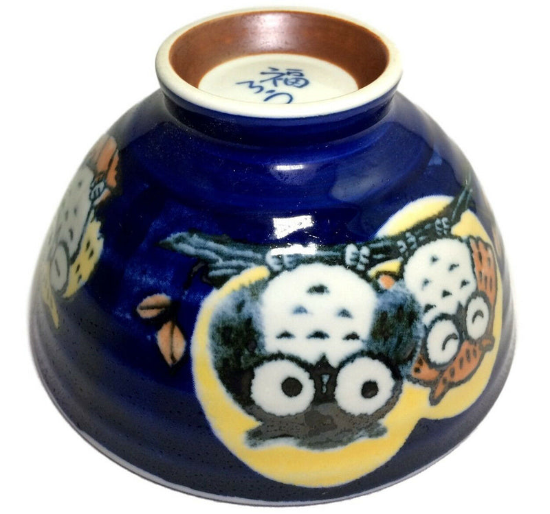 Mino ware Japanese Pottery Rice Bowl Owl pattern Blue made in Japan New